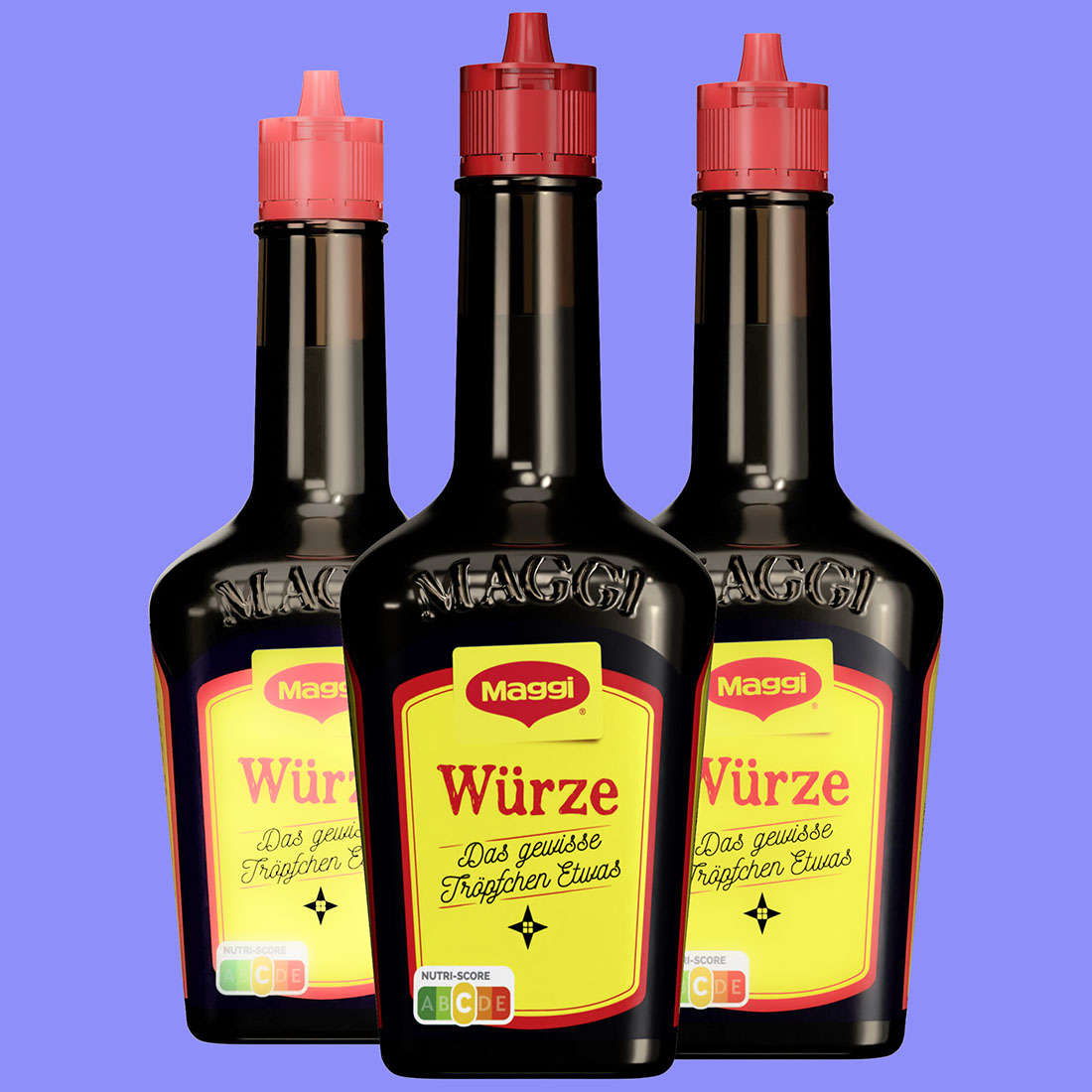 drei Maggi-Flaschen vor blauem Hintergrund