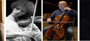 Eine Frau mit langen dunklen Haaren und Klarinette, ein lockiger Mann mit Violine, ein glatzköpfiger Herr mit Cello und ein Herr mit grau meliertem Haar.