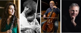 Orient-Express Eine Frau mit langen dunklen Haaren und Klarinette, ein lockiger Mann mit Violine, ein glatzköpfiger Herr mit Cello und ein Herr mit grau meliertem Haar.