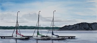 Aquarell von 3 Segelbooten am Kai auf See