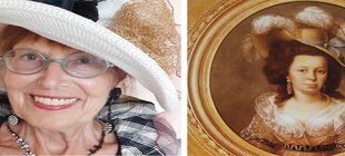 Links Jutta Menzel mit auffälligem Hut und Schmuck, rechts Franziska von Hohenheim als klassisches, historisches Porträt im goldenen Rahmen. 