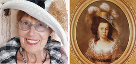 Links Jutta Menzel mit auffälligem Hut und Schmuck, rechts Franziska von Hohenheim als klassisches, historisches Porträt im goldenen Rahmen. 