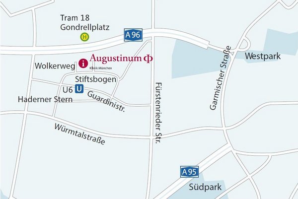 Ausschnitt aus einem Stadtplan mit der Umgebung der Augustinum Klinik