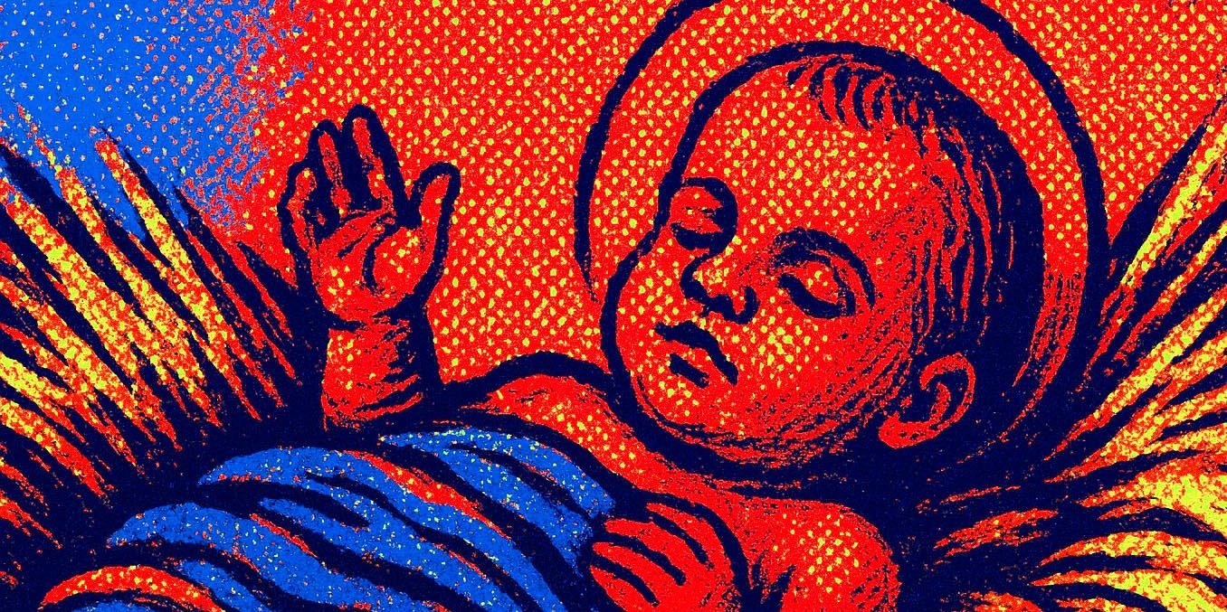 Jesus in der Krippe, farbiger Siebdruck