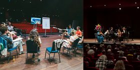 Collage mit Bildern von Workshop, Konzert und Publikum des Musikfestivals "Heidelberger Frühling"