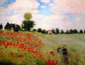 : Impressionistisches Gemälde einer Blumenwiese mit roten Mohnblumen, zwei Personen im Vordergrund und einer weiten Landschaft unter hellem Himmel.