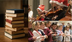 Bücherstapel und musizierende Kinder