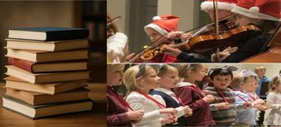 Bücherstapel und musizierende Kinder