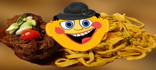 Nahaufnahme von schwäbischem Essen mit einem lächelnden Smiley, welches einen Schützenhut trägt. 