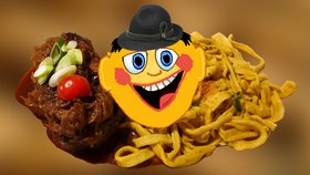 Nahaufnahme von schwäbischem Essen mit einem lächelnden Smiley, welches einen Schützenhut trägt. 
