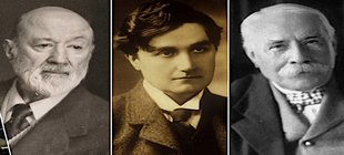 Collage mit Gesichtern von Helmut Bartel mit den Komponisten Charles Ives, Ralph Vaughan Williams und Edward Elgar