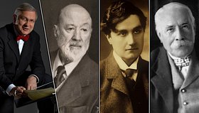 Collage mit Gesichtern von Helmut Bartel mit den Komponisten Charles Ives, Ralph Vaughan Williams und Edward Elgar