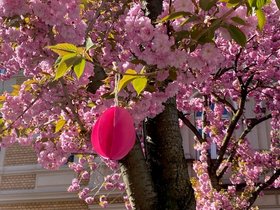 Gebasteltes Osterei mit Kirschblüten im Hintergrund
