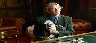 Grauhaariger Mann sitzen mit Pinguin auf dem Schoß