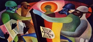 Abstrahierte Darstellung von bunten Tieren vor schwarzem Hintergrund