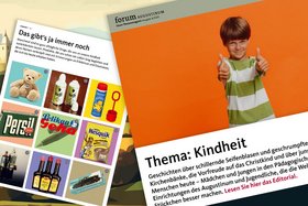 Titelbild des forum mit einem kleinen Jungen und eine forum-Seite mit Produkten wie Persil, Taft, Pelikan und Maggi