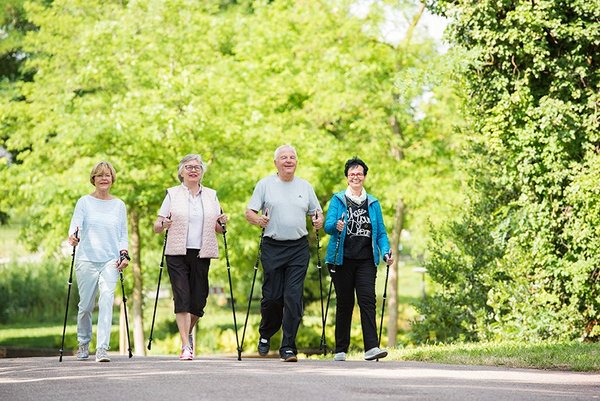 Eine Gruppe von Senioren beim Nordic Walking