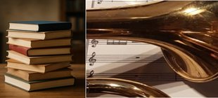 Ein Bücherstapel und ein Blechblasinstrument