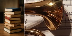 Ein Bücherstapel und ein Blechblasinstrument