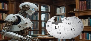 Roboter in einer Bibliothek vor einem Ball mit Schriftzeichen