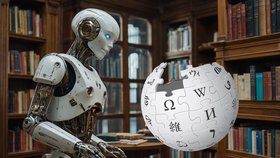 Roboter in einer Bibliothek vor einem Ball mit Schriftzeichen