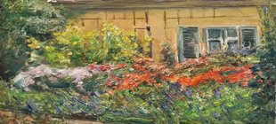 hausfront mit Fenster und Garten impressionistisch