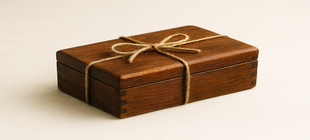 Dunkles Holzkästchen mit Schleife aus Paketband