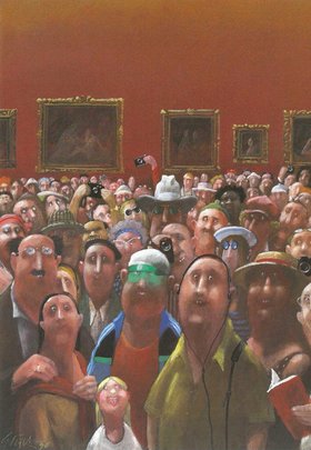 "Aus dem Leben der Mona" - gaffendes Publikum aus Sicht des Mona-Lisa-Gemäldes