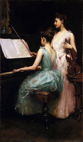Gemälde einer Geigerin und Pianistin beim Musizieren