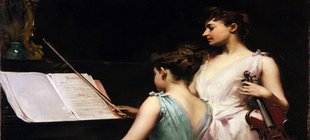 Gemälde einer Geigerin und Pianistin beim Musizieren