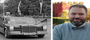 Eine Bildhälfte zeigt eine Originalaufnahme von Queen Elisabeth II in einem Mercedes Cabrio; Die andere Bildhälfte zeigt den Referenten einen Herrn in Hemd und Fliege