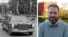 Eine Bildhälfte zeigt eine Originalaufnahme von Queen Elisabeth II in einem Mercedes Cabrio; Die andere Bildhälfte zeigt den Referenten einen Herrn in Hemd und Fliege