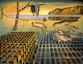 Ein Gemälde von Salvador Dali, welches eine surrealistische Küstenlandschaft mit verlaufenden Uhren abbildet