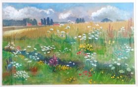 Aquarellgemälde einer bunten Blumenwiese