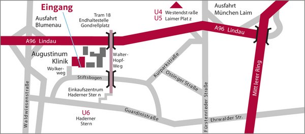 Lageplan der Augustinum Klinik München mit Hinweis auf den Eingang zur Gesundheitssprechstunde