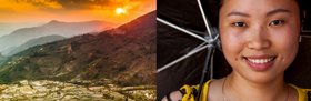 Landschaft vor Sonnenuntergang / Frau mit Schirm