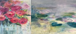 Stillleben mit Blumen und Seerosen auf einem Teich