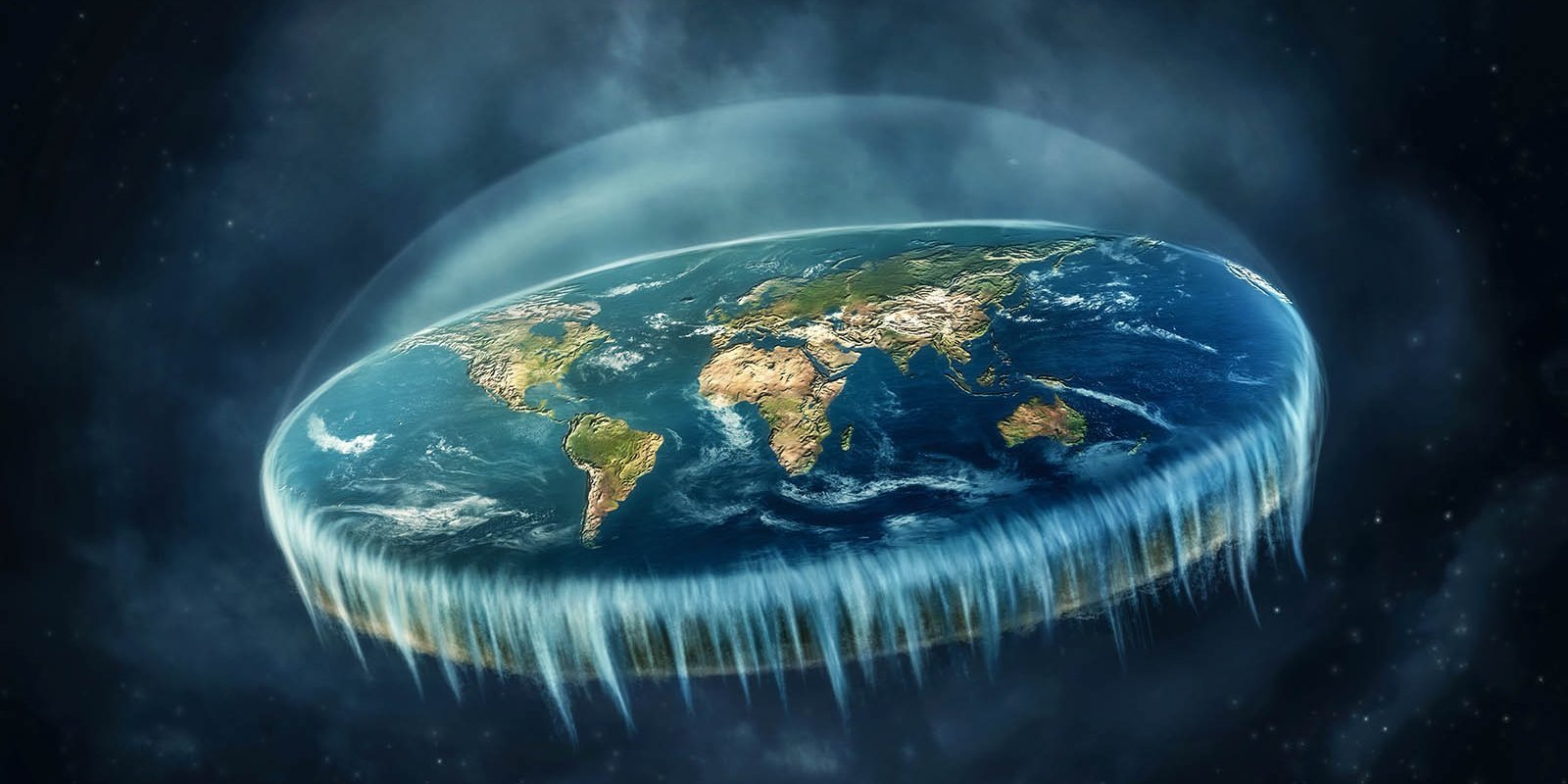 Illustration der Scheibenerde, die durch den Weltraum fliegt