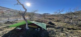 karge norwegische Landschaft mit Zelt und Sonnenschein