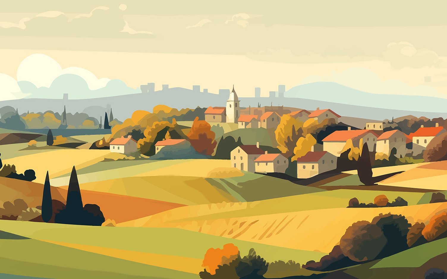 idyllische dörfliche Landschaft eingebettet in sanfte Hänge