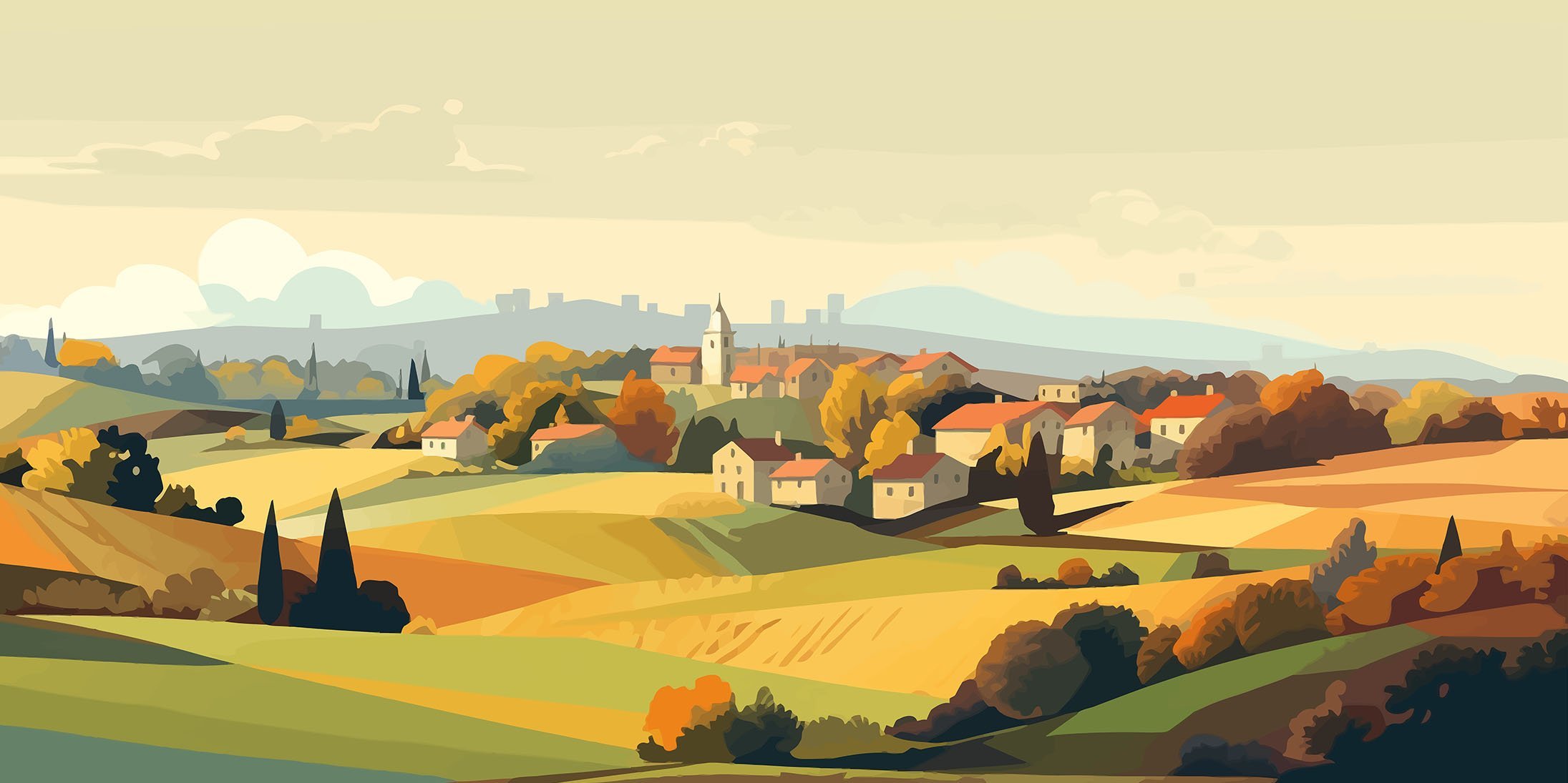 idyllische dörfliche Landschaft eingebettet in sanfte Hänge