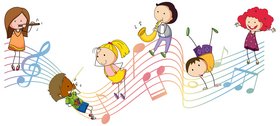 musizierende Kinder auf Notenlinien