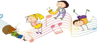 musizierende Kinder auf Notenlinien