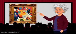 Einführung in eine Ausstellung Referentin gezeichnet auf Leinwand zeigend