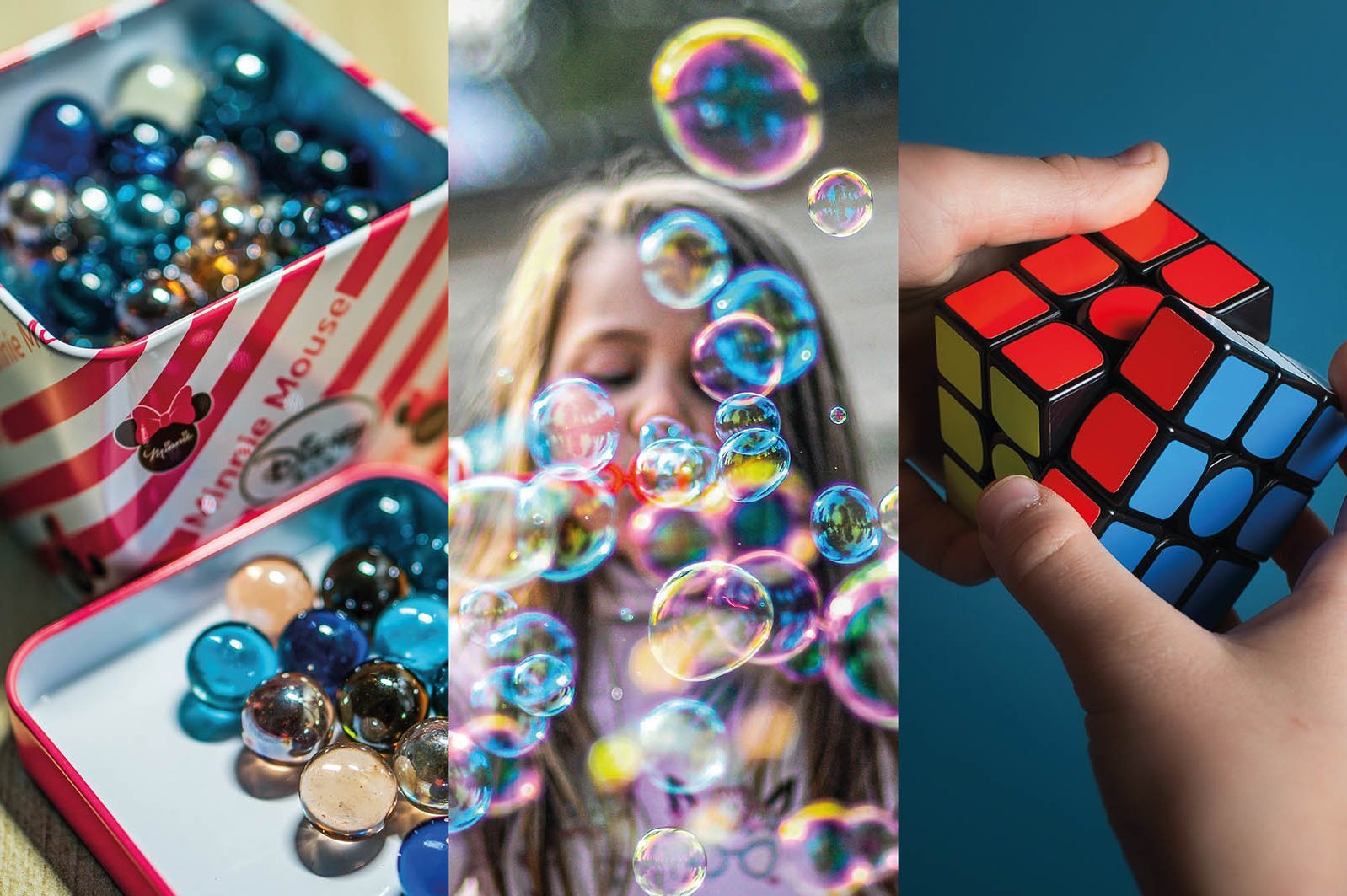 Murmeln, Seifenblasen, Rubik-Würfel