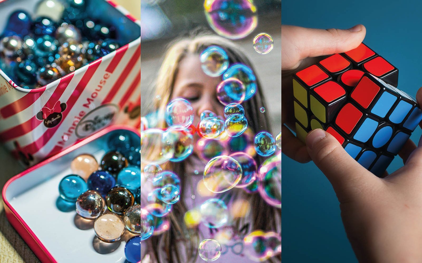 Murmeln, Seifenblasen, Rubik-Würfel