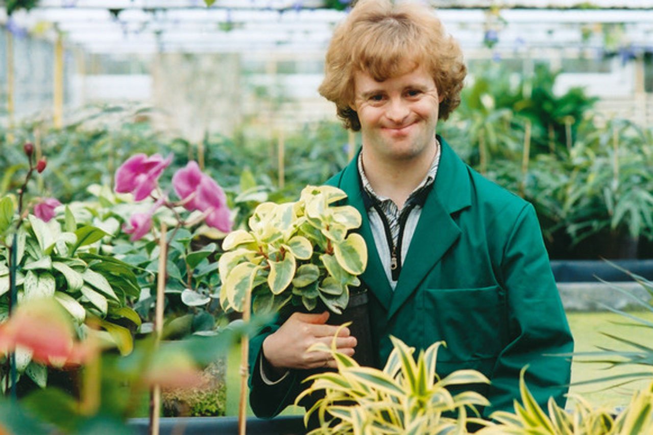 Ein Klient der Augustinum Gärtnerei Hollern stellt Pflanzen auf Tischbeete