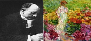 Emil Nolde / Emil Nolde, Blumengarten, Frau im weißen Kleid en face