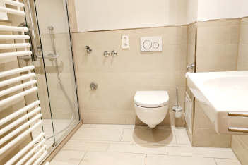 Eine Dusche, eine Toilette und ein Waschbecken in einem modernen Badezimmer 