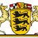 Wappen des Landes Baden-Württemberg mit drei schwarzen Löwen auf goldenem Schild, darüber ein kleines Wappenschild; gehalten von einem Hirsch links und einem Greif rechts auf goldenem Grund.